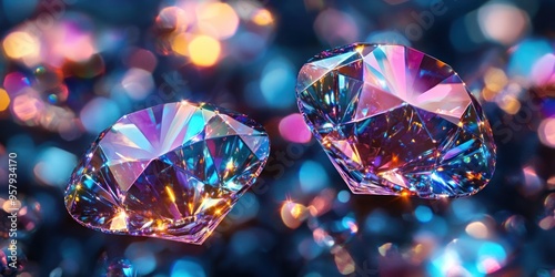 Two iridescent diamonds on a blue bokeh background