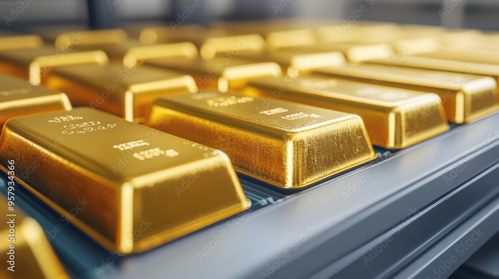 Digitizing Wealth: Gold Bars Scanned into Digital System with Copy Space, Selective Focus, Quality Digitizing Wealth: Gold Bars Scanned into Digital System with Copy Space, Selective Focus, Quality