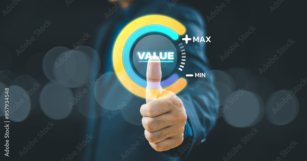Increase value service, growth value, company value added, business growth concept. Business man show circle bar info graphic technology background. Sale digital marketing leadership success target Increase value service, growth value, company value added, business growth concept. Business man show circle bar info graphic technology background. Sale digital marketing leadership success target