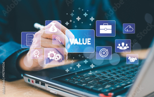 Growth value, increase value service, company value added, business growth concept. Business man work on computer laptop, info technology background. Sale digital marketing leadership success target