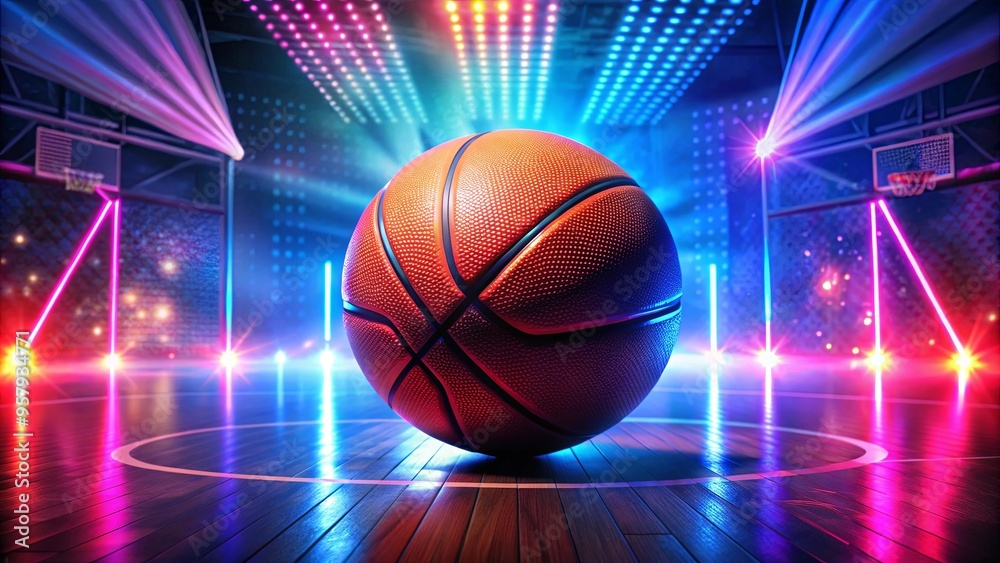 Vibrant basketball game in dynamic sports scene with neon lights Vibrant basketball game in dynamic sports scene with neon lights