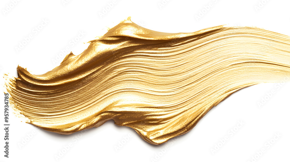 Golden paint brush stroke with metallic effect isolated on white background	