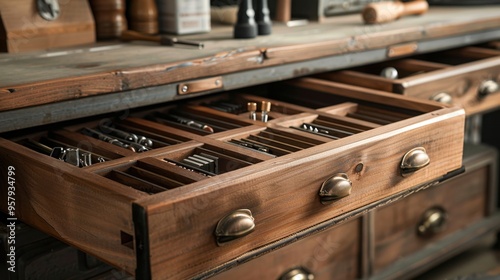 Workbench Accessories: Includes items like clamps, drill bits, and sandpaper for use with a workbench, typically stored in drawers or organized on pegboards.
