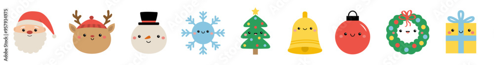 Christmas tree wreath, ball toy, Santa Claus, deer reindeer, snowman,gift box, bell ring, snowflake. Cute kawaii cartoon icon set. Funny face head. Childish style. Flat design. White background Vector Christmas tree wreath, ball toy, Santa Claus, deer reindeer, snowman,gift box, bell ring, snowflake. Cute kawaii cartoon icon set. Funny face head. Childish style. Flat design. White background Vector