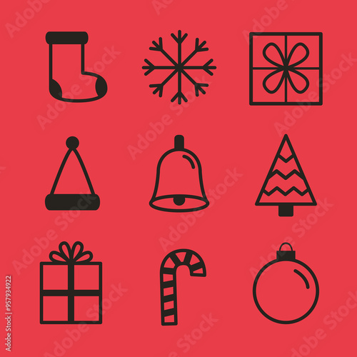 Christmas black line icon set. Sock, snow flake, gift box bow, candy cane, ring bell, Christmas fir tree, Santa Claus hat, ball toy. Holiday sign symbol. Outline Xmas icons. Flat design. Vector