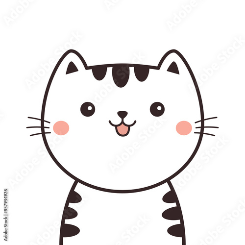 Cute black white striped cat kitten face head. Line contour doodle. Cartoon kawaii funny characters. Smiling emotion. Valentines Day. Love card. Childish style. Flat design. White background. Vector
