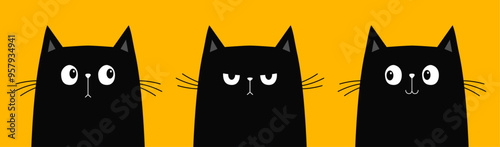 Black cat kitten kitty icon set. Cute kawaii cartoon character. Sad, angry, happy, surprised emotion. Valentines Day. Greeting card, banner, tshirt, sticker print. Yellow background Flat design Vector