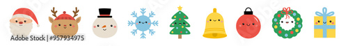 Christmas tree wreath, ball toy, Santa Claus, deer reindeer, snowman,gift box, bell ring, snowflake. Cute kawaii cartoon icon set. Funny face head. Childish style. Flat design. White background Vector