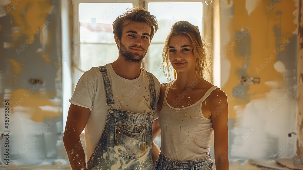 Young family couple doing renovations at home, couple painting walls in their new house. Generative AI. Young family couple doing renovations at home, couple painting walls in their new house. Generative AI.
