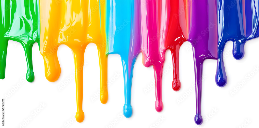 Naklejka premium Colorful rainbow paint dripping from above art isolated on white background