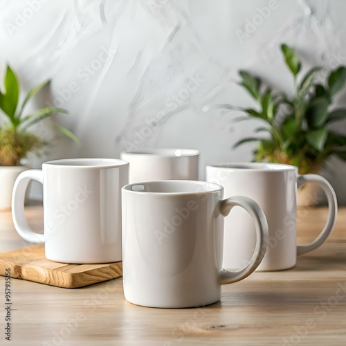 Wallpaper Mural Four pristine white mugs. arranged on a wooden surface with a blurred background of greenery. present a clean. modern aesthetic. Torontodigital.ca