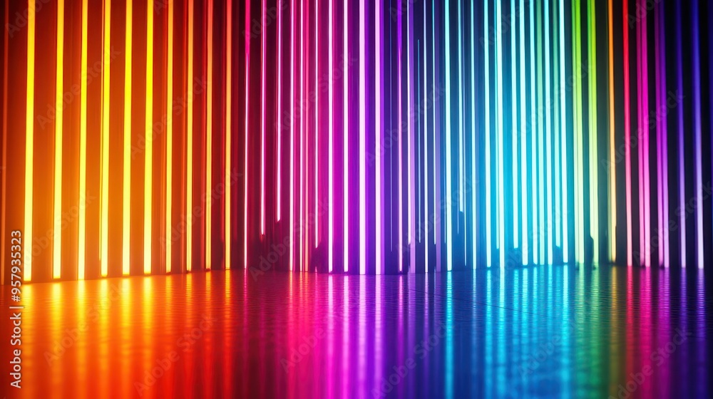 Rainbow-colored lights in vertical stripes, pulsating with intensity, vibrant and modern stage setup
