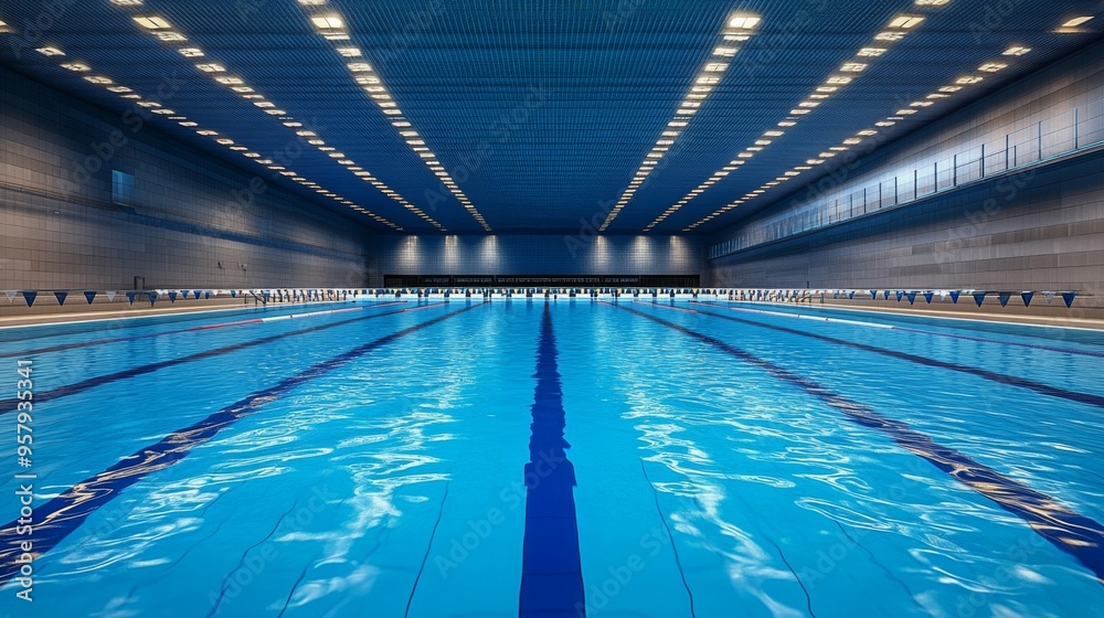 Naklejka premium Olympic sized swimming pool. Interior swimming pool, stadium, event. Brightly lit, fresh water. 