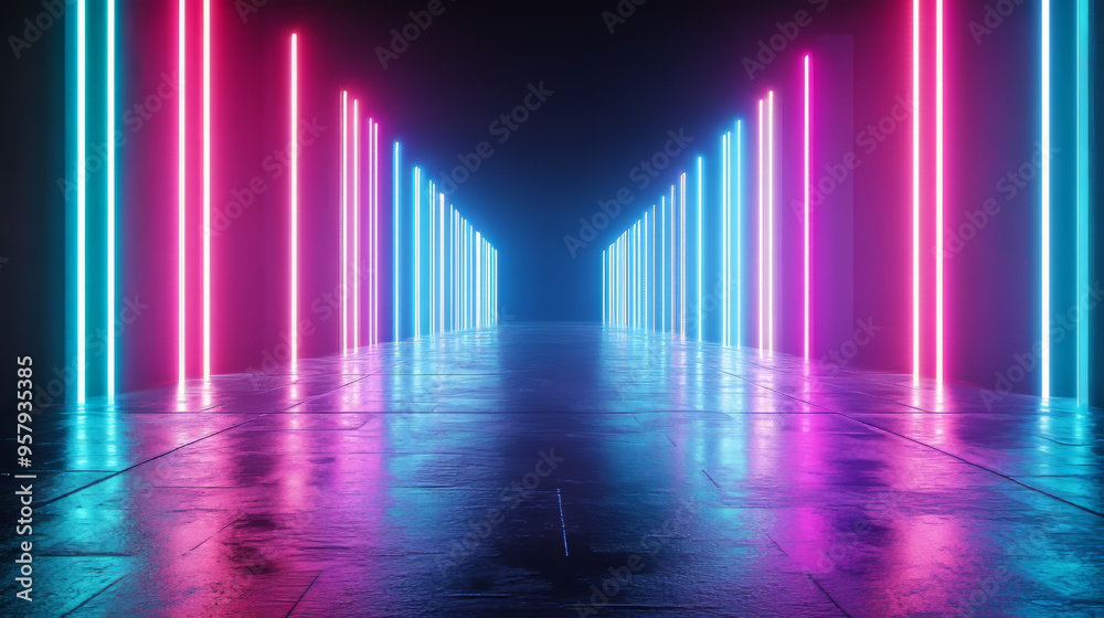 This high-quality photo features a 3D rendering of an abstract psychedelic background illuminated by vibrant neon lights and glowing lines. The scene is bathed in ultraviolet hues, creating a mesmeriz This high-quality photo features a 3D rendering of an abstract psychedelic background illuminated by vibrant neon lights and glowing lines. The scene is bathed in ultraviolet hues, creating a mesmeriz