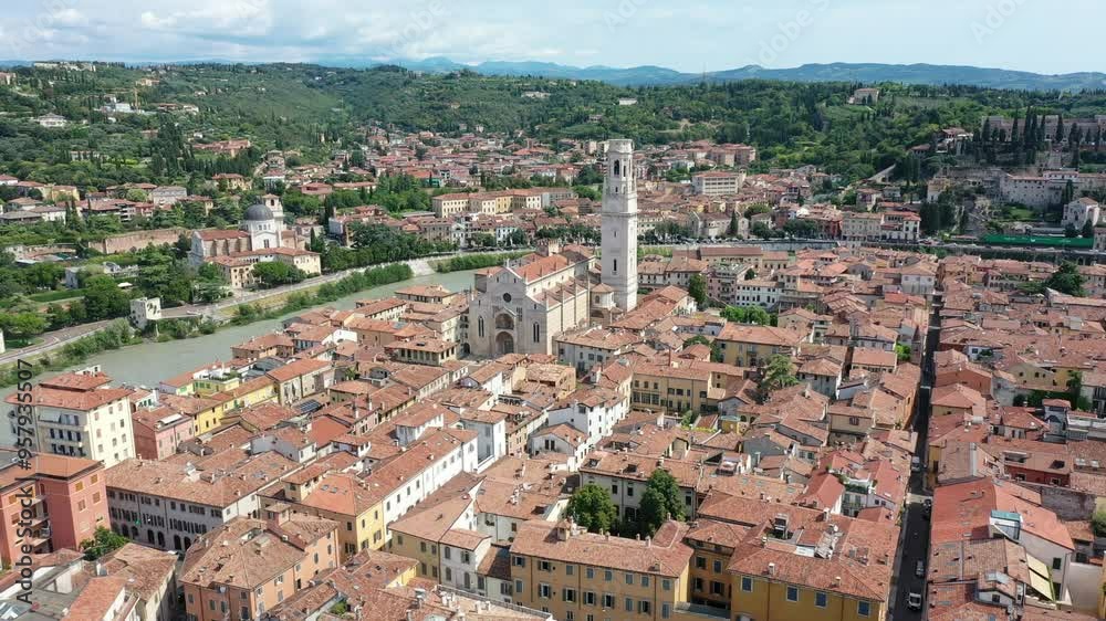 Aerial view of Verona city tourist center, Adigio river, bridges and Cattedrale di Santa Maria Matricolare on a sunny summer day, Italy, Europe Aerial view of Verona city tourist center, Adigio river, bridges and Cattedrale di Santa Maria Matricolare on a sunny summer day, Italy, Europe