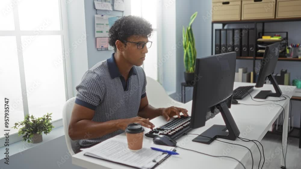 Young man working in an office feels frustrated in front of a computer in a bright and organized workspace