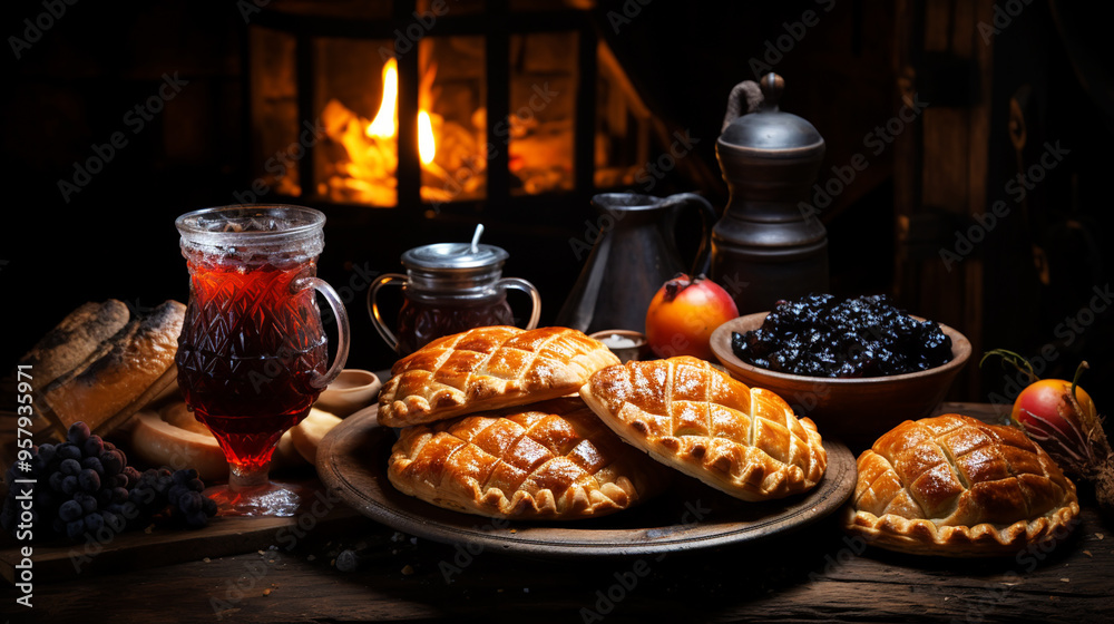 Homemade pastries on beautifully served table decorated in rustic style. Cozy home, tea time, food background Homemade pastries on beautifully served table decorated in rustic style. Cozy home, tea time, food background
