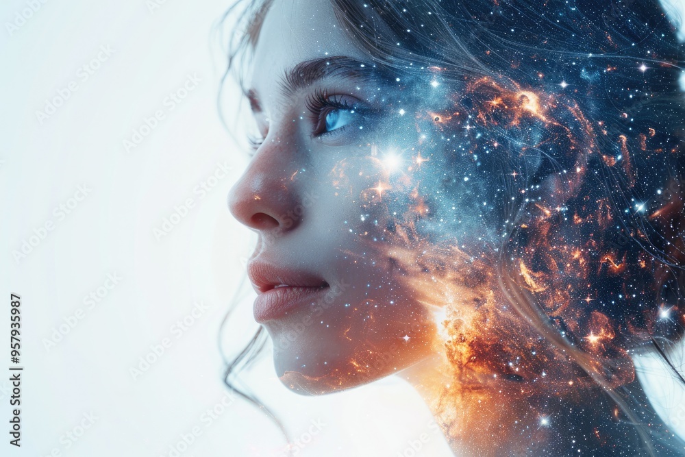 Starry Night Sky Silhouette Woman night sky filled with stars and galaxies Starry Night Sky Silhouette Woman night sky filled with stars and galaxies