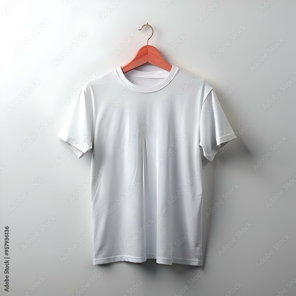 A crisp white t shirt hangs on a wooden hanger against a clean white backdrop. A crisp white t shirt hangs on a wooden hanger against a clean white backdrop.