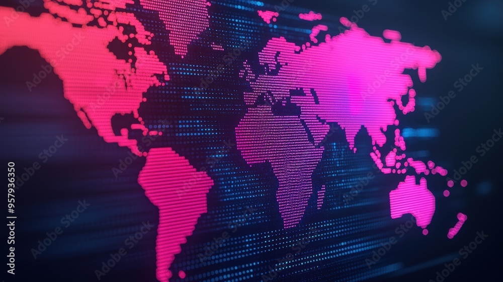 Obraz premium Cutting-Edge Futuristic Market Analysis: Holographic World Map Illuminated With Neon Glow on Dark Background, Selective Focus - Ultra HD