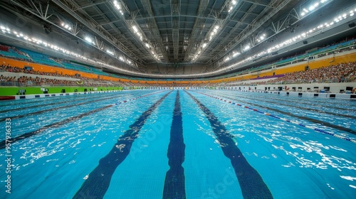 Olympic sized swimming pool. Interior swimming pool, stadium, event. Brightly lit, fresh water.	
 photo