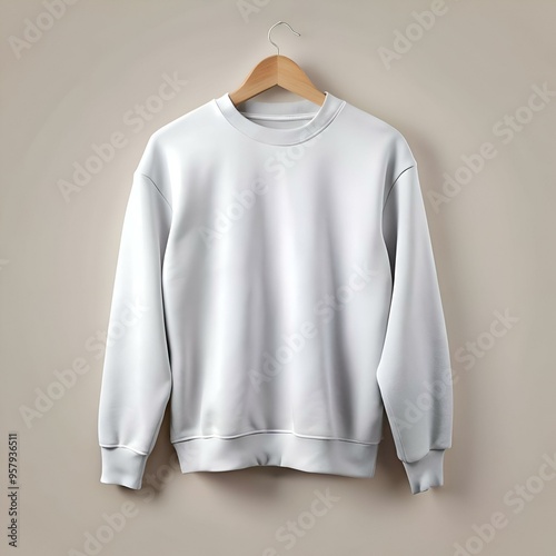 Blank white crew neck sweatshirt hanging on a wooden hanger. perfect for showcasing your designs or branding.