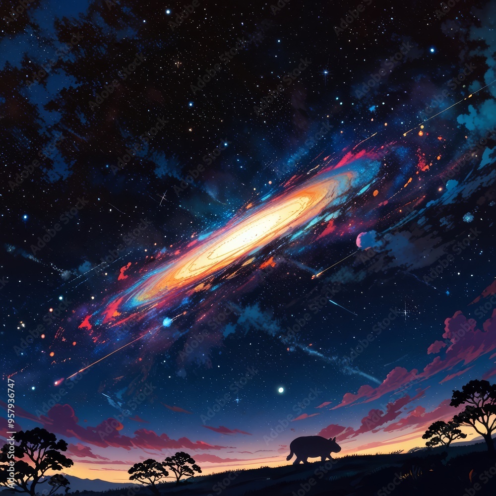 a galaxy that is above a planet with a star that says star . a galaxy that is above a planet with a star that says star .