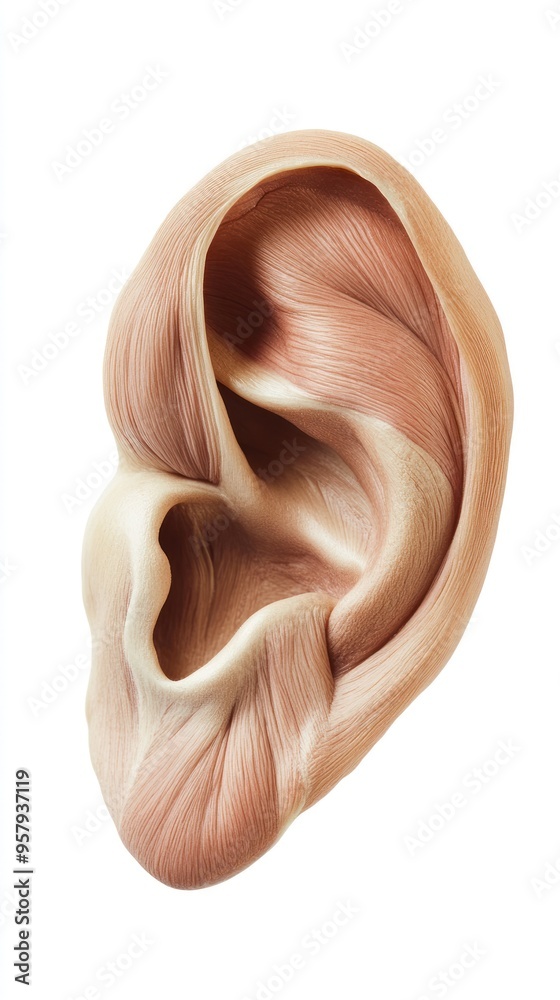 A close-up view of the external ear, showing the intricate details of the muscles and cartilage that make up this vital sensory organ. A close-up view of the external ear, showing the intricate details of the muscles and cartilage that make up this vital sensory organ.