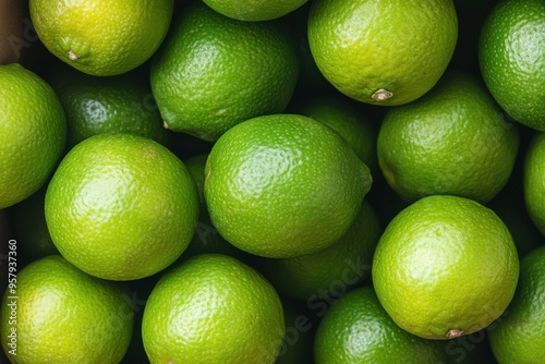 A close-up view of a collection of green limes, piled together in a box. The image emphasizes