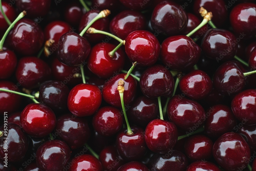 A close-up view of a large pile of dark red cherries with their stems intact. The cherries A close-up view of a large pile of dark red cherries with their stems intact. The cherries