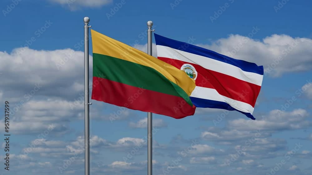 Costa Rico and Lithuania flags flying together, video concept of the relationship, two country cooperation concept Costa Rico and Lithuania flags flying together, video concept of the relationship, two country cooperation concept