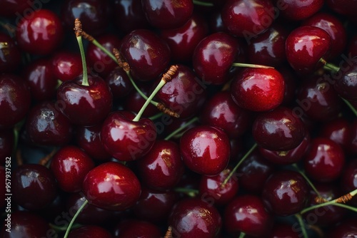 A close-up view of a large pile of dark red cherries with their stems intact. The cherries