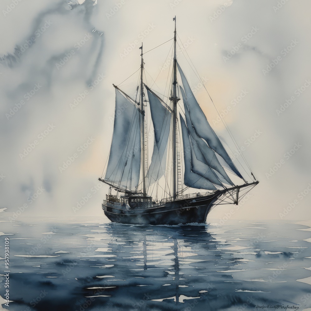 Fototapeta premium In the misty depths of the painting, a hauntingly beautiful shadowy envisioned satellite schooner sails silently through the ethereal waters. This watercolor masterpiece captures the 