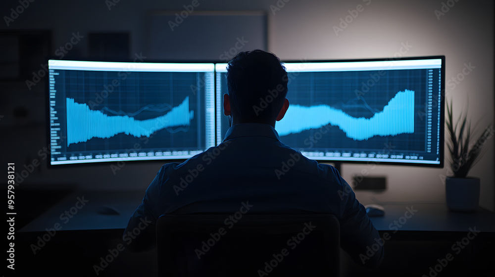 Businessman Analyzing Contrasting Market Graphs on Digital Screens for In-depth Market Comparison Businessman Analyzing Contrasting Market Graphs on Digital Screens for In-depth Market Comparison