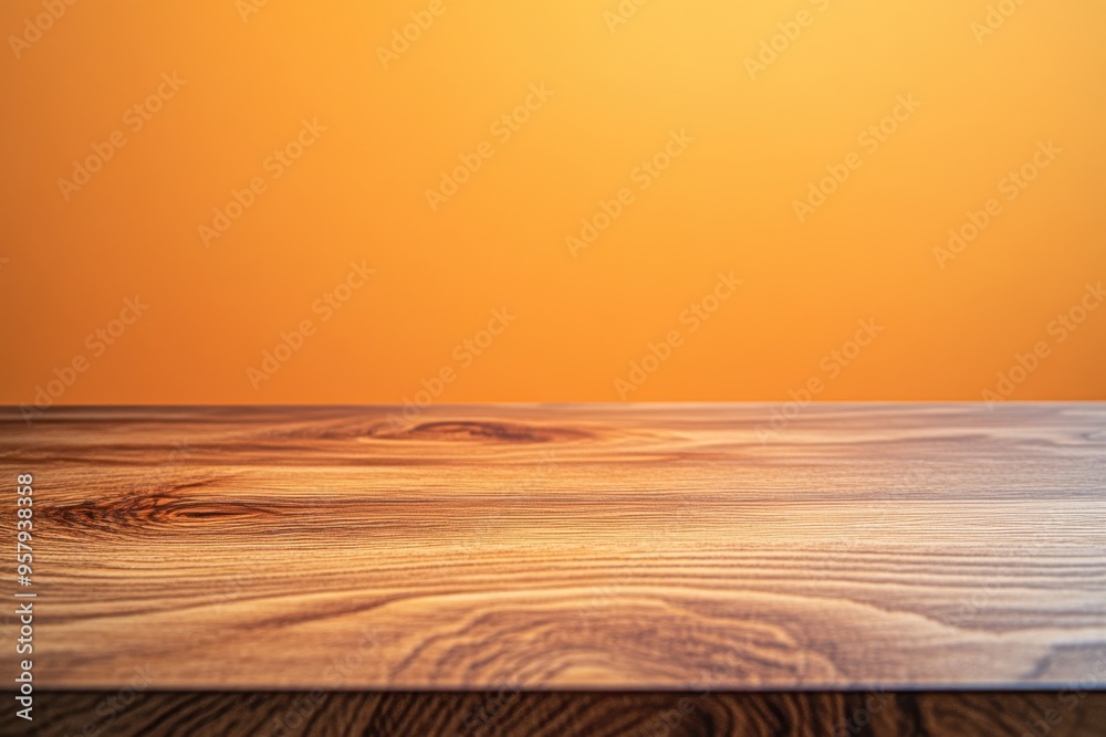 Obraz premium A close-up view of a wooden tabletop with a smooth, polished surface, set against a plain