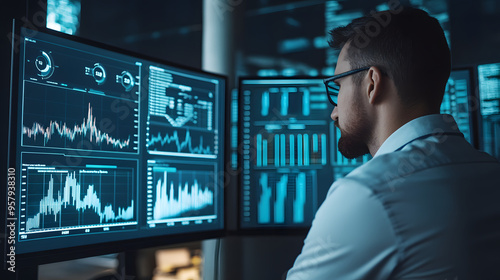 Businessman Analyzing Contrasting Market Graphs on Digital Screens for In-depth Market Comparison