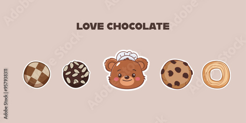Cute Little Bear baby with chocolate cookie isolated. Funny character. Poster, print, template. Vector illustration premium.	