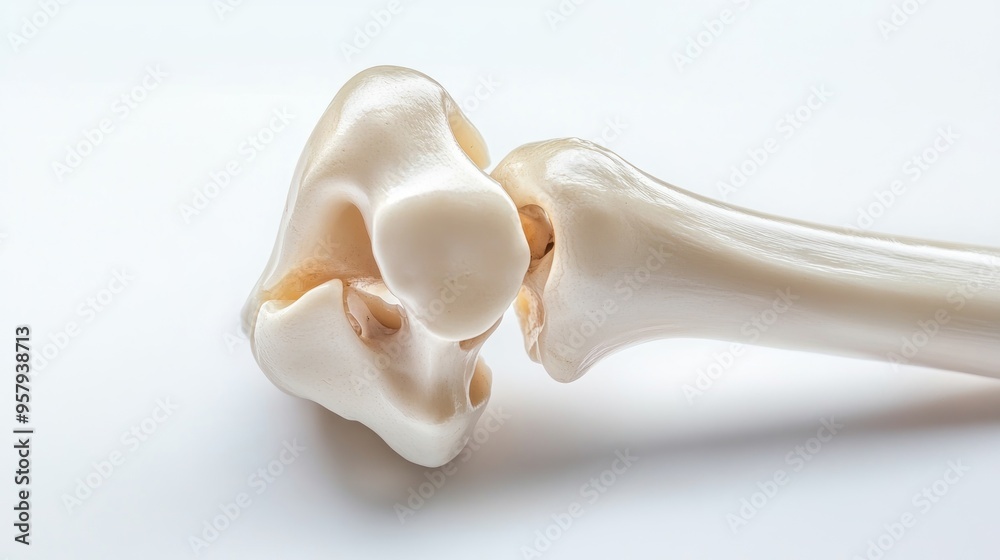 Close-up of a white plastic human bone model against a white background. Close-up of a white plastic human bone model against a white background.
