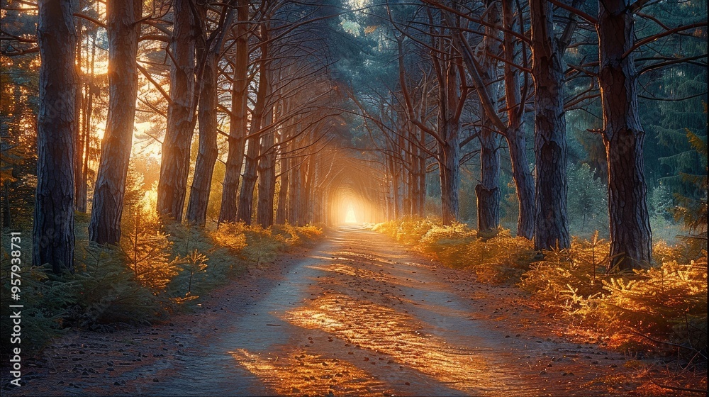 A forest pathway lined with tall trees, with light filtering through the branches. Generative AI. A forest pathway lined with tall trees, with light filtering through the branches. Generative AI.