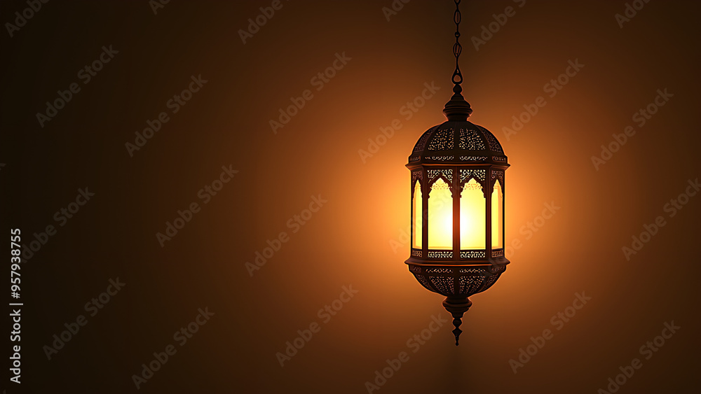 Hanging ornate lantern casting a gentle light suitable for festive Islamic designs with plenty of copy space for greetings and messages Hanging ornate lantern casting a gentle light suitable for festive Islamic designs with plenty of copy space for greetings and messages