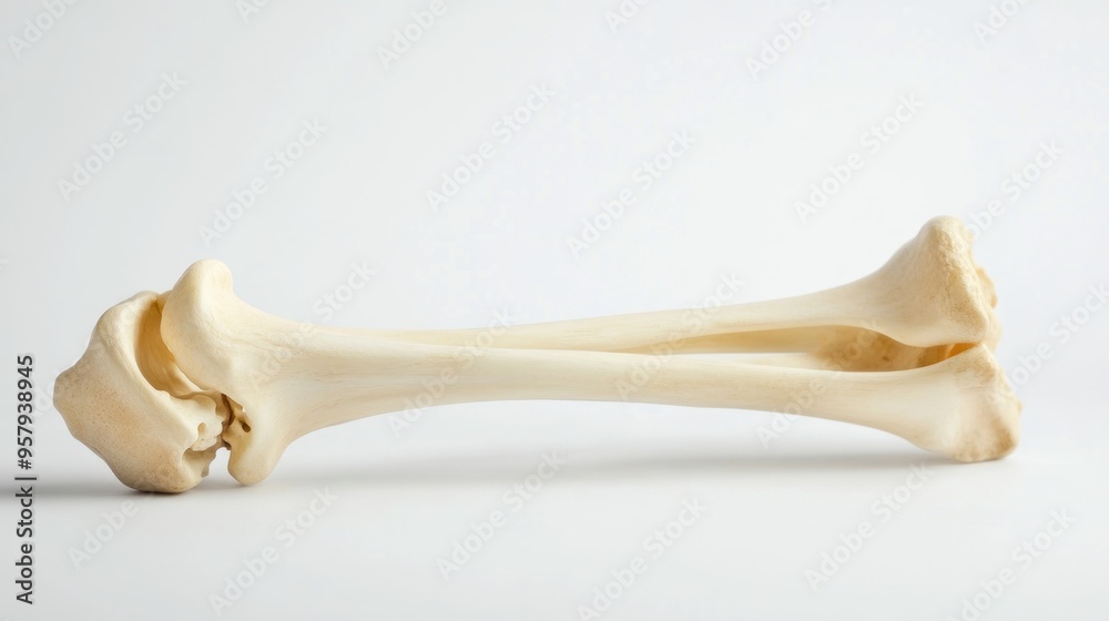 A single, clean, white bone with a slight curve lying on a white background. A single, clean, white bone with a slight curve lying on a white background.