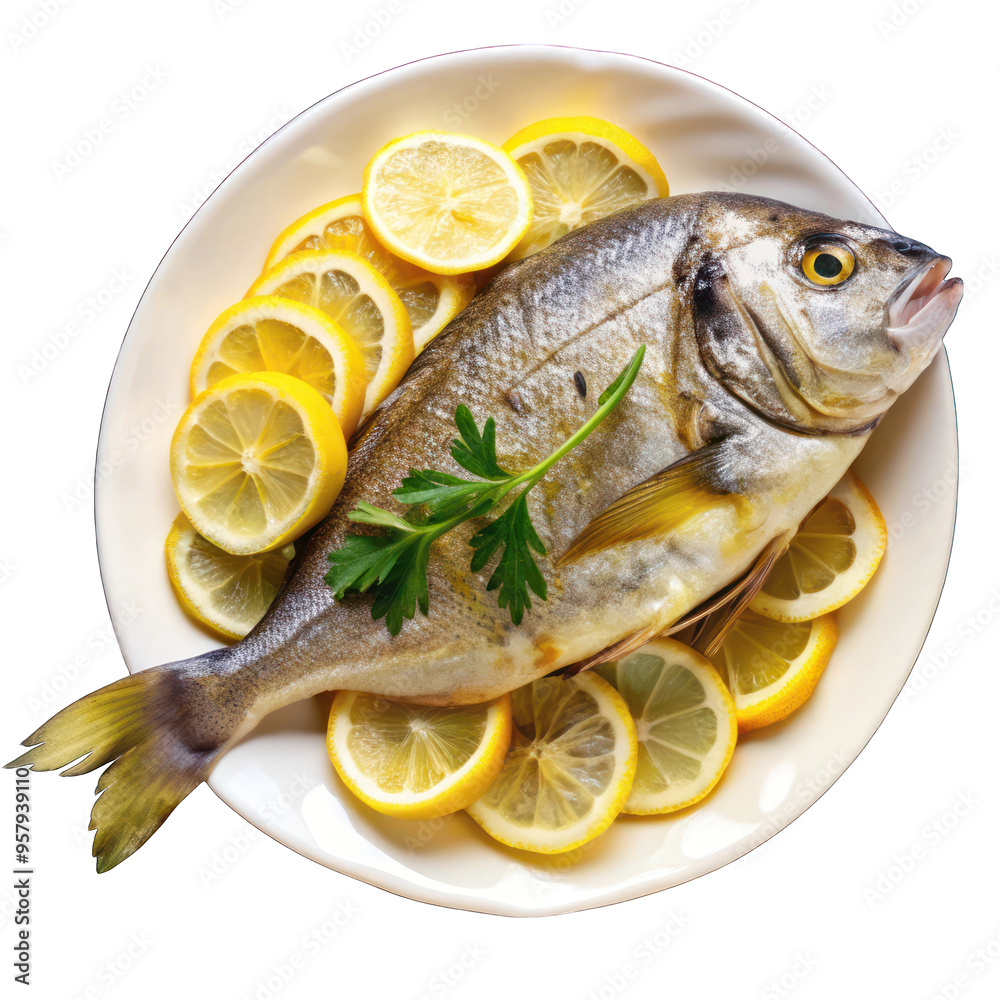 Bream fish with lemon slices on white plate isolated on transparent background Bream fish with lemon slices on white plate isolated on transparent background