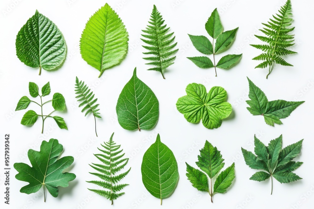 A collection of various green leaves, each with different shapes and textures, isolated against A collection of various green leaves, each with different shapes and textures, isolated against