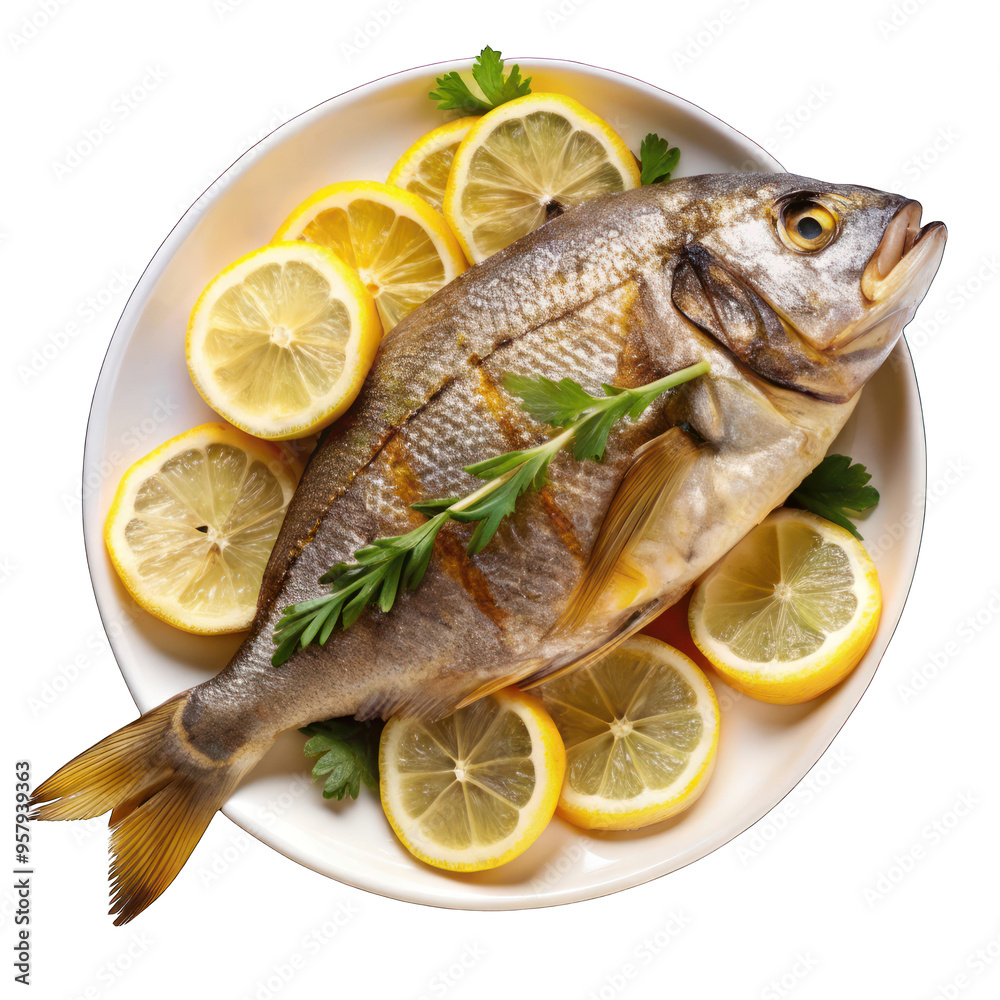 Bream fish with lemon slices on white plate isolated on transparent background Bream fish with lemon slices on white plate isolated on transparent background