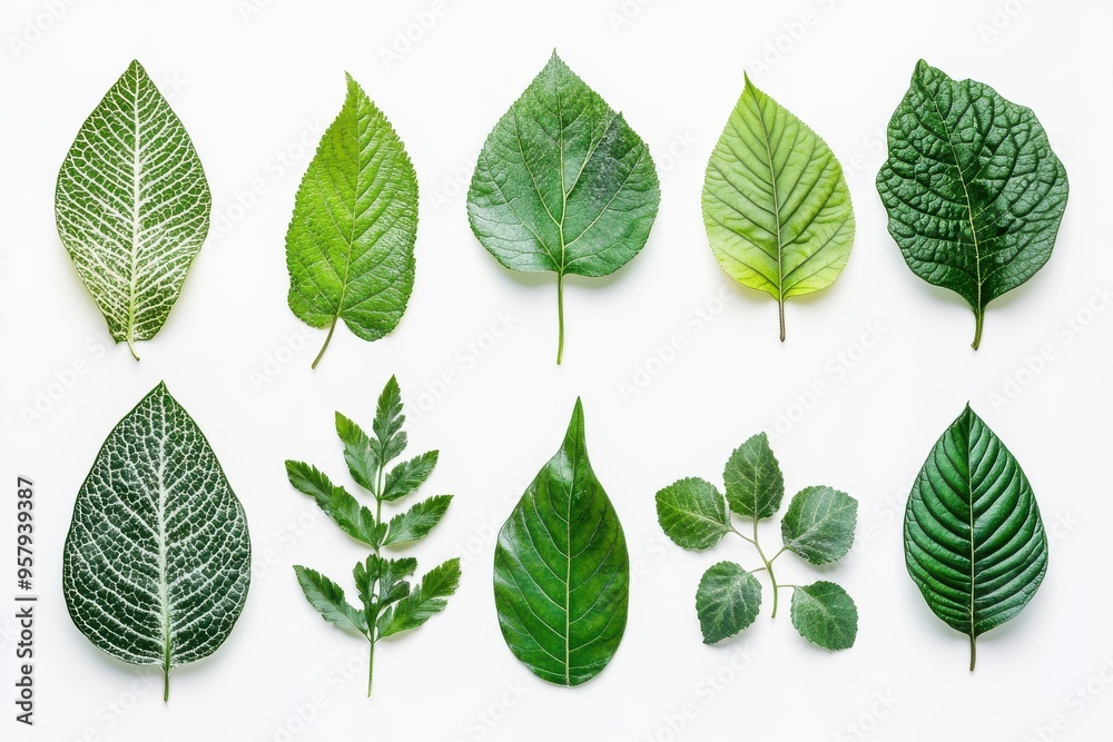A collection of various green leaves, each with different shapes and textures, isolated against A collection of various green leaves, each with different shapes and textures, isolated against