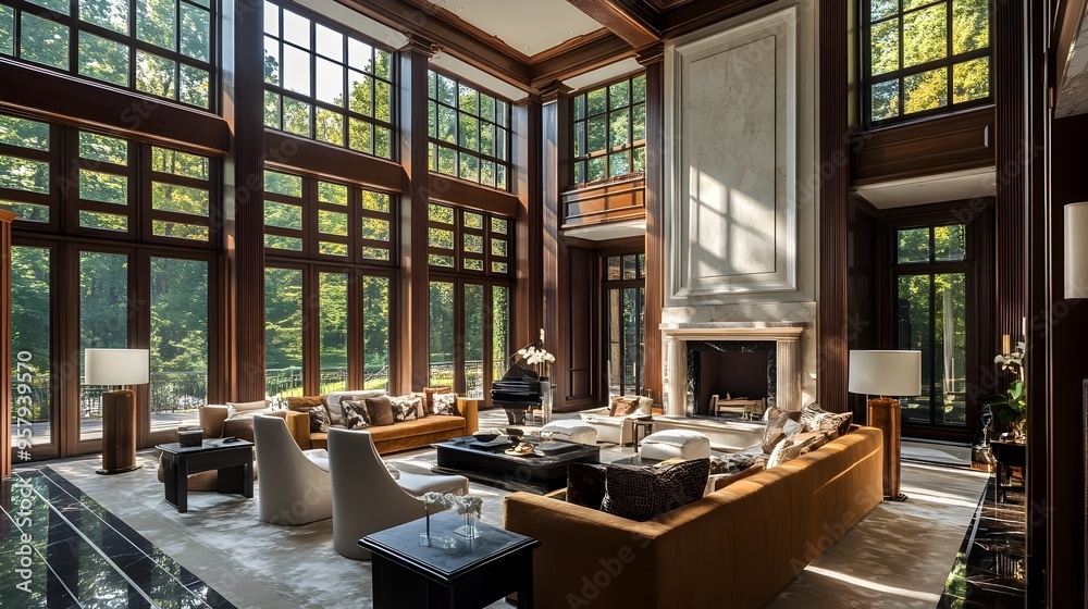 Serene Luxury Living Room with Towering Ceilings and Stunning Marble Fireplace Serene Luxury Living Room with Towering Ceilings and Stunning Marble Fireplace