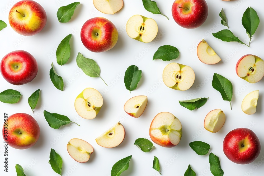 A collection of whole apples, apple slices, and green leaves are scattered and floating against A collection of whole apples, apple slices, and green leaves are scattered and floating against