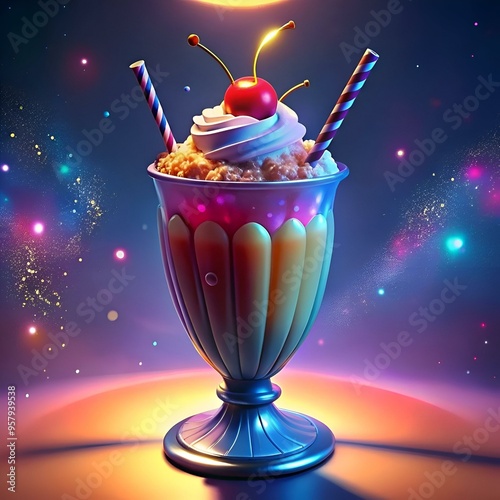 A whimsical 3D illustration of a falooda. a popular Indian dessert.  with a vibrant.  dreamy backdrop.