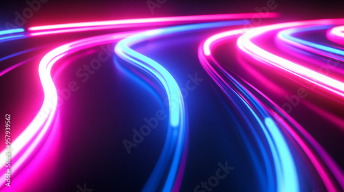 This 3D render features vibrant, neon glowing lights set against a backdrop of leaves. The scene is illuminated with speed light effects, creating a fluorescent glow that stands out against the dark b