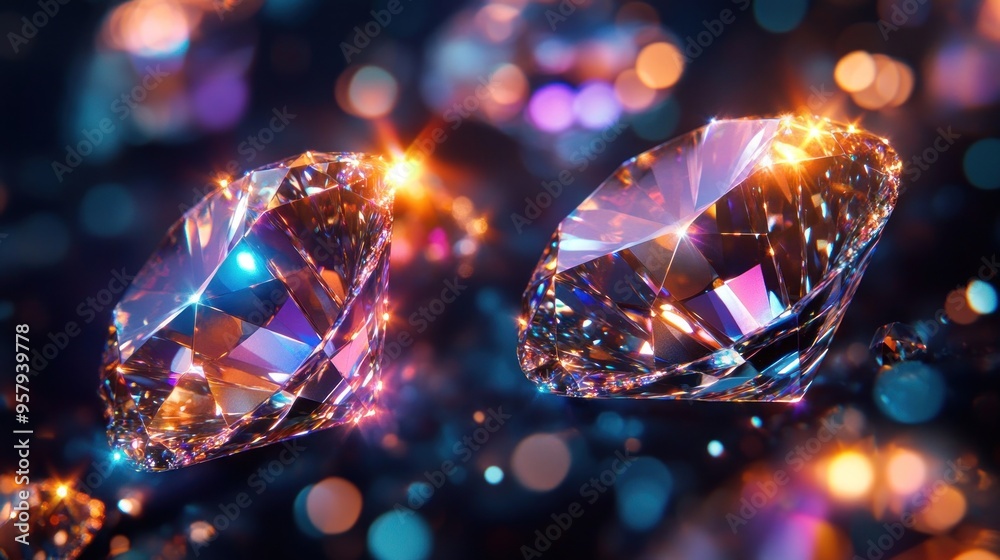 Two Sparkling Diamonds Against a Blurred Background of Bokeh Lights Two Sparkling Diamonds Against a Blurred Background of Bokeh Lights